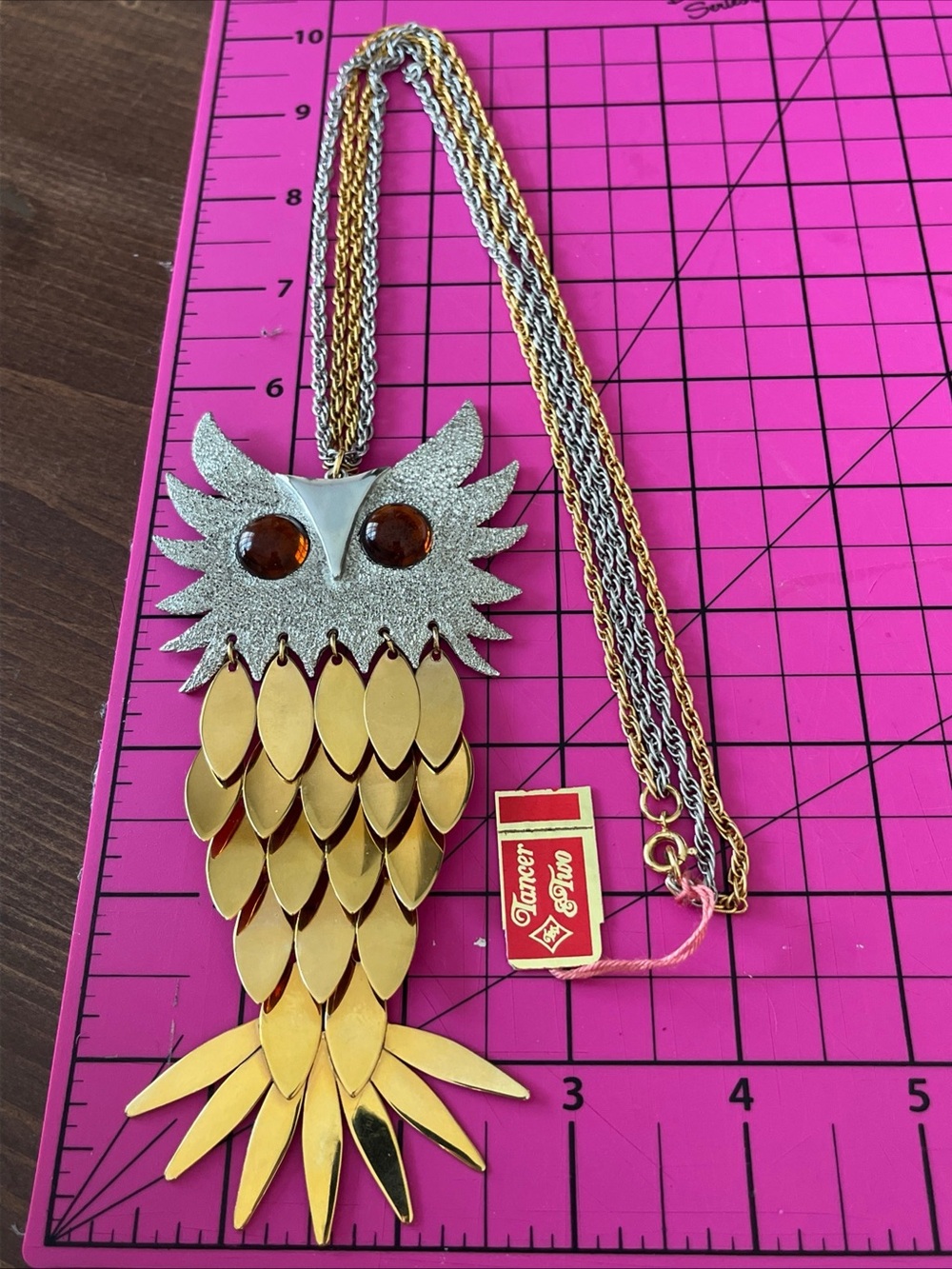 Tancer Goldtone & Silvertone Owl Pendant 26” Necklace with Amber Eyes vintage